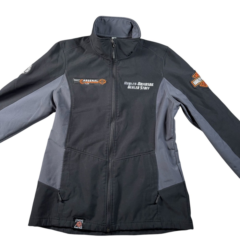 Harley Davidson Soft Shell Jacket Ladies Sz S Black Grey biker Staff Streetwear - Picture 2 of 10